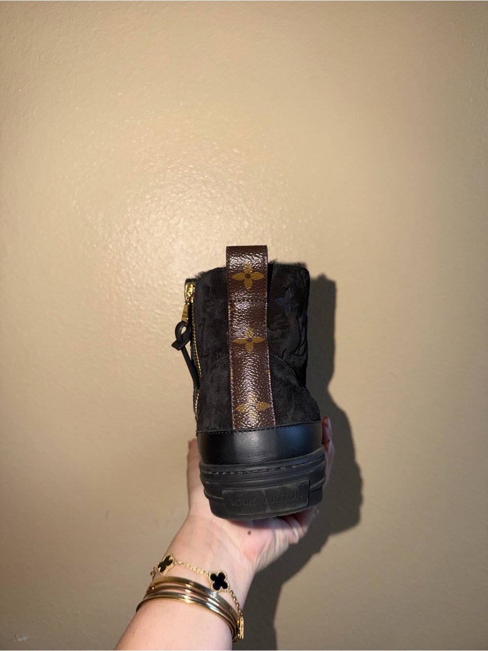 Louis Vuitton Black Suede Monogram High-Top Sneakers with Gold Hardware - Picture 4 of 7